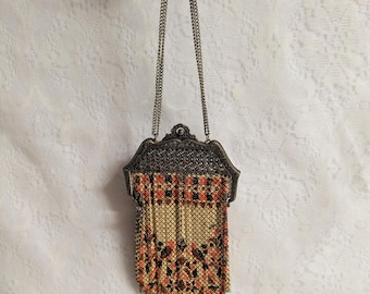 Vintage 1920s Mandalian Mesh Purse – Art Deco Painted Enamel Evening Bag – Flapper Handbag for Collectors or Wedding