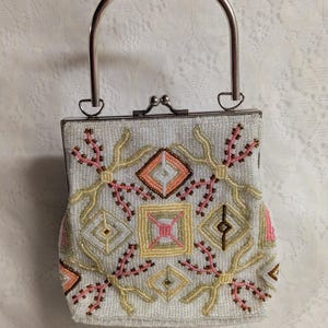 Vintage White Beaded Evening Bag – Bridal Purse for Wedding or Formal Occasion – Geometric Beadwork Handbag gift for bridal bag, retro party