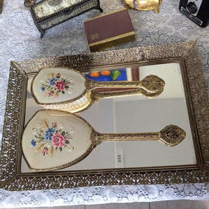 Vintage Vanity Set Embroidered Floral Hand Mirror Hair Brush Dresser Set Cottagecore Bedroom Decor Bridal Vanity Gift Shabby Chic 195s-60s