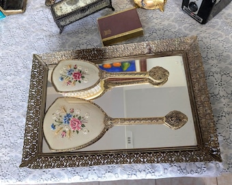 Vintage Vanity Set Embroidered Floral Hand Mirror Hair Brush Dresser Set Cottagecore Bedroom Decor Bridal Vanity Gift Shabby Chic 195s-60s