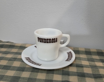Taza y platillo vintage PYREX Ponderosa Steakhouse: vajilla de vidrio lechoso, fabricada en EE. UU. por Corning, artículo de colección retro para restaurantes.