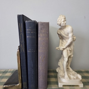 May include: A collection of vintage books and a statue. The books are in various colors, including navy and lavender, and are held by a black and gold bookend. A white statue of a man stands on a base that reads "DAVID BY BEPPA."