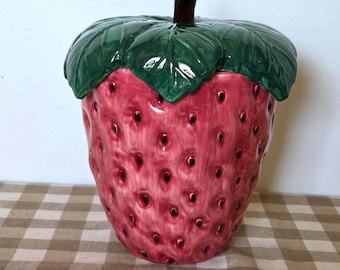 Vintage Strawberry Cookie Jar with Lid | Large Ceramic Strawberry Canister | 70s Groovy gift for Collector of Fruit Vintage Themes