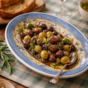 May include: A blue-rimmed oval dish filled with a mix of green, brown, and purple olives. A silver spoon sits in the dish. Slices of toasted bread are in the background. The scene suggests a Mediterranean meal.