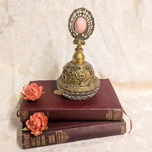 Vintage Ormolu Perfume Bottle – Filigree Brass & Glass with Pink Cabochon Stopper – Vanity Decor