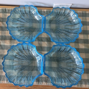 Juego de 4 platos de cristal azul vintage con forma de concha, vajilla costera, cuencos con forma de concha de vieira, decoración para casas de playa, artículos de anfitriona.