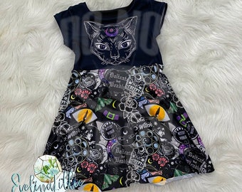 Robe d’Halloween, robe tourbillonnante, robe de fille, 31 jours d’Halloween, robe effrayante, robe de sorcière, robe de chat, chat de sorcière, tenue de sorcière, tenue de chat