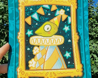 May include: A whimsical illustration of a green creature wearing a party hat and a yellow and blue costume. The creature is surrounded by stars and flags. The illustration is framed in gold and has the text "Wiggles, Happy" and "Oil Paint, 2014" in the bottom right corner.