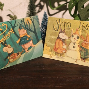 Cartões de Natal ilustrados com animais (cartões dobrados) - Cartões postais fofos e aconchegantes de arte de animais de inverno