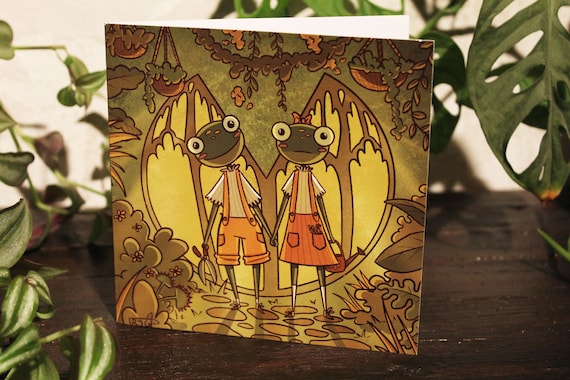 Creepy Frog Gardener Twins Art Print or Postcard - Cute Illustrated Nature Artwork
