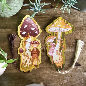 Cute Tassel Bookmarks of Mushroom Cats - Cottagecore and Goblincore Art Bookmarks