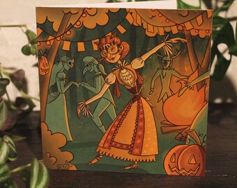 Masked Girl Dancing in the Woods Art Print or Postcard - Whimsical Masquerade Artwork - Fantasy Card