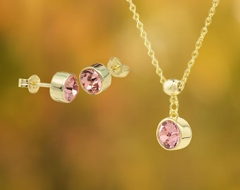 Pink Bohemian Crystal Necklace and Earring Set - Gold or Silver