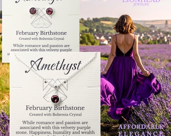 February Birthstone Jewelry Set: Bohemian Amethyst Crystal Necklace & Earrings, Silver or Gold