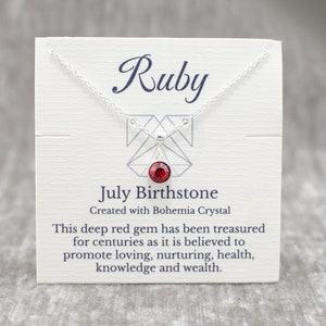 July Birthstone Ruby Necklace, Red Bohemian Crystal, Silver Adjustable Chain, Birthday, Mom Gift with Complimentary Story Card