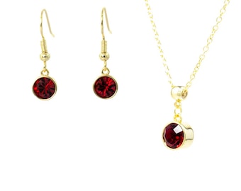 Deep Red Bohemian Crystal Jewelry Set: Garnet, Adjustable Necklace & Earrings