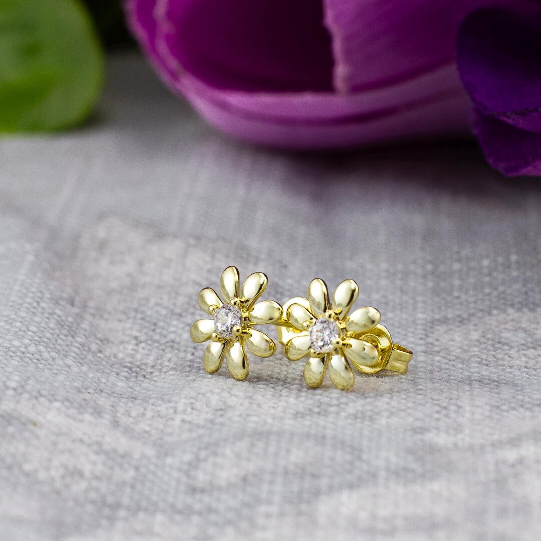 Dainty Daisy Stud Earrings: Gold, Rose Gold, or Silver With Cubic ...