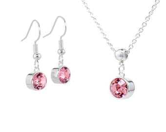October Birthstone Set Pink Tourmaline Crystal Necklace & Drop Earrings for Woman, Gold or Silver