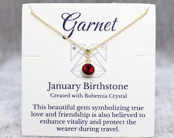 January Garnet Birthstone Necklace, Bohemian Crystal, Silver or Gold, Adjustable Chain