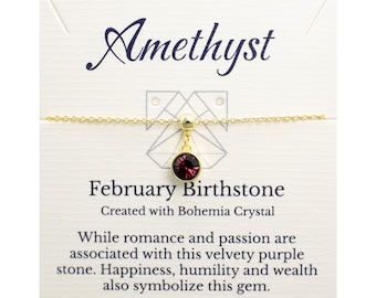 February Amethyst Birthstone Bracelet, Bohemian Crystal, Gold or Silver, Adjustable Chain