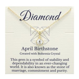 Collier diamant avec pierre de naissance d'avril, cristal bohème transparent, chaîne réglable en argent ou en or, anniversaire, cadeau pour maman avec carte histoire gratuite