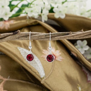 May include: A pair of silver dangle earrings with red crystal stones. The earrings are hanging from a branch.