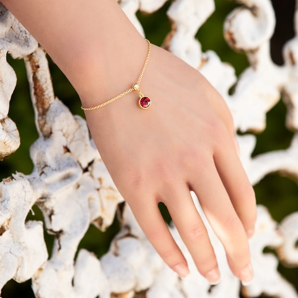 Red Charm Bracelet, Ruby Red Bohemian Crystal, 14K Gold Plated Adjustable Chain, Birthday, Mom Gift, Sister Gift.