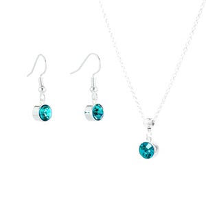 Ensemble de colliers de boucles d'oreilles pendantes décembre, cristal de bohème topaze bleu sarcelle, argent ou or, bijoux de pierre de naissance, cadeau d'anniversaire avec carte d'histoire