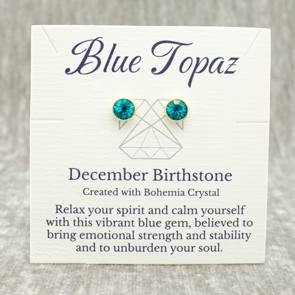 December Birthstone Blue Topaz Earrings, Teal Bohemian Crystal, Gold Studs, Birthday, Mom Gift with Complimentary Story Card