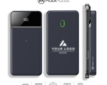 May include: A dark grey magnetic power bank with a digital LCD battery percentage display, a wireless charging surface, and a light-up logo area. The device features a USB-C port, a USB-A output, and is shown attached to a smartphone in a side profile view.