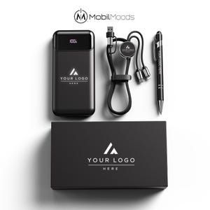 Branded Light-Up Corporate Gift Box, 10000mAh Power Bank with Built-In Cables, Bulk Company Tech Gift, Light-Up Charging Cord and Stylus Pen