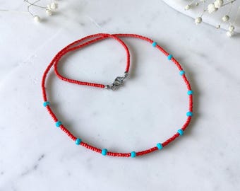 Seed bead and turquoise necklace: red myuki seed bead necklace, healing stone turquoise beaded necklace, attract fortune and luck necklace