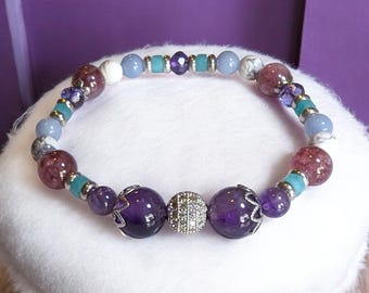 amethyst, angelite, howlite, and lepidolite bracelet: cubic zirconia bracelet, calming support bracelet, women's bracelet, stretch bracelet