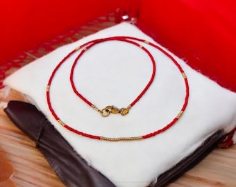 tiny seed bead necklace: red and gold beaded choker necklace, minimalist necklace, dainty beaded necklace, beach vibe necklace