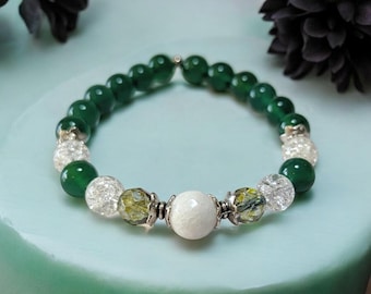 Calming Stone Bracelet: White Jade, Green Agate & Crackle Quartz