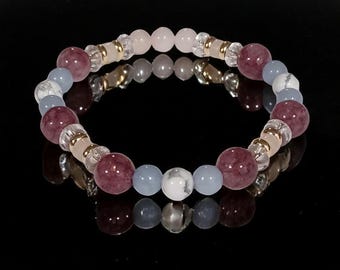 Beaded Gemstone Bracelet - Rose Quartz, Lepidolite, Howlite - Crystal Healing Jewelry