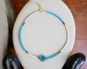 Czech Glass Flower Seed Bead Necklace: Boho Beach Style, 18k Gold Clasp
