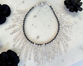 Chain fringe and seed bead anklet: myuki seed bead anklet, funky anklet, black and silver anklet, silver fringe anklet, unique style anklet