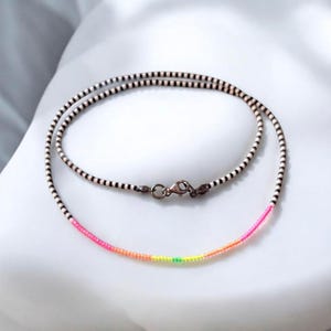 myuki delica seed bead necklace: beaded necklace, minimalist necklace, black and white seed bead necklace, neon colored necklace, beach vibe