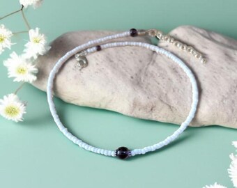 seed bead choker necklace: purple and white beaded necklace, beach vibe necklace, boho style choker necklace, purple crystal bead necklace