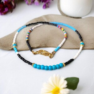 turquoise choker necklace, tiny seed bead choker necklace, beach vibe necklace, unisex turquoise choker necklace, surf style choker necklace