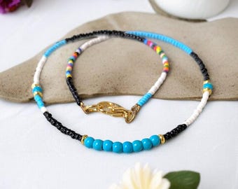 turquoise choker necklace, tiny seed bead choker necklace, beach vibe necklace, unisex turquoise choker necklace, surf style choker necklace