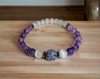 EMPATH protection bracelet: Snowflake obsidian, Selenite, amethyst, and hematite natural stone bracelet, unisex stretch bracelet