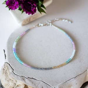 tiny beaded anklet, seed bead anklet, dainty anklet, minimalist anklet, beach vibe anklet, pastel glass seed bead anklet