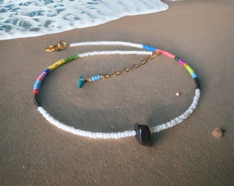 black tourmaline choker necklace ~ tiny seed bead choker necklace ~ unisex necklace ~ Beach choker necklace