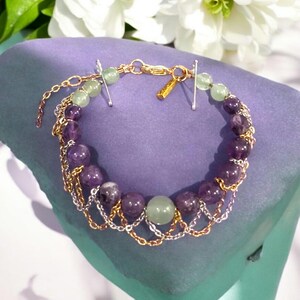 Chain fringe bracelet ~ Amethyst and green aventurine crystal bracelet ~ Amethyst bracelet ~ Green Aventurine bracelet ~ holiday bracelet
