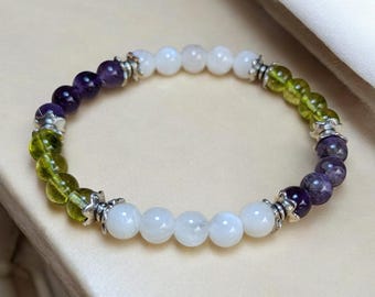 Moonstone, Amethyst, Peridot Crystal bracelet: 6mm beaded bracelet, stretch bracelet