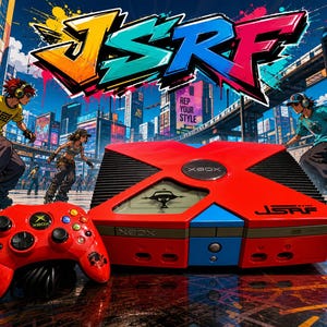 May include: A red Xbox console and controller with the text "JSRF" and "XBOX". The image features a vibrant, urban-themed design with characters on roller skates. The background includes graffiti art and cityscapes.