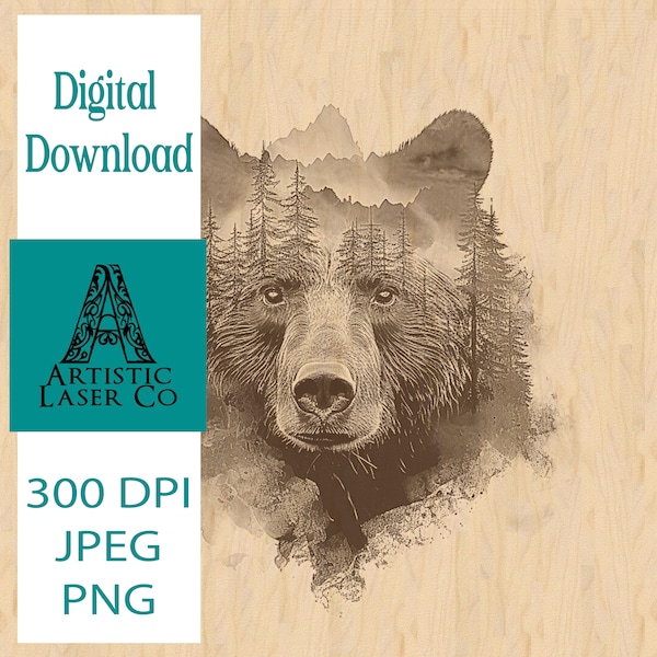 Laser Engraving Digital Download. Black Bear, Forest, Double Exposure, Laser Woodburning