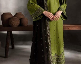 Green Pakistani Shalwar Kameez, Hand-Embroidered 3-Piece Suit, Women's Party Wear Ethnic Outfit